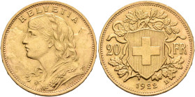 SWITZERLAND. Schweizerische Eidgenossenschaft (Swiss Confederation). 1848-present. 20 Franken 1922 B (Gold, 21 mm, 6.46 g, 6 h), Bern. HELVETIA Bust o...