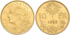 SWITZERLAND. Schweizerische Eidgenossenschaft (Swiss Confederation). 1848-present. 10 Franken 1922 B (Gold, 18 mm, 3.21 g, 6 h), Bern. HELVETIA Bust o...