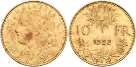 SWITZERLAND. Schweizerische Eidgenossenschaft (Swiss Confederation). 1848-present. 10 Franken 1922 B (Gold, 18 mm, 3.23 g, 6 h), Bern. HELVETIA Bust o...