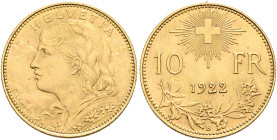 SWITZERLAND. Schweizerische Eidgenossenschaft (Swiss Confederation). 1848-present. 10 Franken 1922 B (Gold, 19 mm, 3.21 g, 6 h), Bern. HELVETIA Bust o...