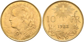 SWITZERLAND. Schweizerische Eidgenossenschaft (Swiss Confederation). 1848-present. 10 Franken 1922 B (Gold, 18 mm, 3.23 g, 6 h), Bern. HELVETIA Bust o...