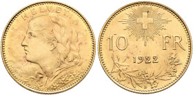 SWITZERLAND. Schweizerische Eidgenossenschaft (Swiss Confederation). 1848-present. 10 Franken 1922 B (Gold, 18 mm, 3.22 g, 6 h), Bern. HELVETIA Bust o...