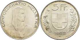 SWITZERLAND. Schweizerische Eidgenossenschaft (Swiss Confederation). 1848-present. 5 Franken 1922 B (Silver, 37 mm, 25.03 g, 6 h). CONFOEDERATIO HELVE...
