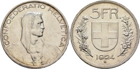 SWITZERLAND. Schweizerische Eidgenossenschaft (Swiss Confederation). 1848-present. 5 Franken 1924 B (Silver, 37 mm, 25.02 g, 6 h). CONFOEDERATIO HELVE...