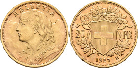 SWITZERLAND. Schweizerische Eidgenossenschaft (Swiss Confederation). 1848-present. 20 Francs 1927 B (Gold, 21 mm, 6.46 g, 6 h), Bern. HELVETIA Bust of...