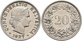 SWITZERLAND. Schweizerische Eidgenossenschaft (Swiss Confederation). 1848-present. 20 Rappen 1927 B (Nickel, 21 mm, 3.99 g, 12 h). CONFOEDERATIO HELVE...