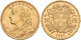 SWITZERLAND. Schweizerische Eidgenossenschaft (Swiss Confederation). 1848-present. 20 Franken 1930 B (Gold, 21 mm, 6.49 g, 6 h), Bern. HELVETIA Bust o...