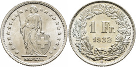 SWITZERLAND. Schweizerische Eidgenossenschaft (Swiss Confederation). 1848-present. 1 Franken 1932 B (Silver, 23 mm, 5.00 g, 6 h). Helvetia standing fa...