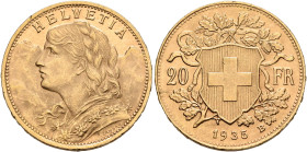 SWITZERLAND. Schweizerische Eidgenossenschaft (Swiss Confederation). 1848-present. 20 Franken 1935 B (Gold, 21 mm, 6.46 g, 6 h), Bern. HELVETIA Bust o...