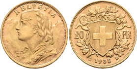 SWITZERLAND. Schweizerische Eidgenossenschaft (Swiss Confederation). 1848-present. 20 Franken 1935 LB (Gold, 21 mm, 6.45 g, 6 h). HELVETIA Bust of Hel...
