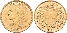 SWITZERLAND. Schweizerische Eidgenossenschaft (Swiss Confederation). 1848-present. 20 Franken 1935 LB (Gold, 20 mm, 6.47 g, 6 h), Bern. HELVETIA Bust ...