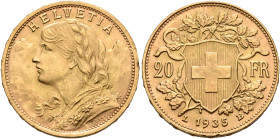 SWITZERLAND. Schweizerische Eidgenossenschaft (Swiss Confederation). 1848-present. 20 Franken 1935 LB (Gold, 21 mm, 6.46 g, 6 h), Bern. HELVETIA Bust ...