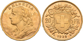 SWITZERLAND. Schweizerische Eidgenossenschaft (Swiss Confederation). 1848-present. 20 Franken 1935 LB (Gold, 21 mm, 6.45 g, 6 h), Bern. HELVETIA Bust ...