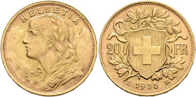 SWITZERLAND. Schweizerische Eidgenossenschaft (Swiss Confederation). 1848-present. 20 Franken 1935 LB (Gold, 21 mm, 6.46 g, 6 h), Bern. HELVETIA Bust ...