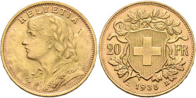 SWITZERLAND. Schweizerische Eidgenossenschaft (Swiss Confederation). 1848-present. 20 Franken 1935 LB (Gold, 21 mm, 6.43 g, 6 h), Bern. HELVETIA Bust ...