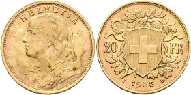 SWITZERLAND. Schweizerische Eidgenossenschaft (Swiss Confederation). 1848-present. 20 Franken 1935 LB (Gold, 21 mm, 6.48 g, 6 h), Bern. HELVETIA Bust ...