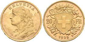 SWITZERLAND. Schweizerische Eidgenossenschaft (Swiss Confederation). 1848-present. 20 Franken 1935 LB (Gold, 21 mm, 6.43 g, 6 h), Bern. HELVETIA Bust ...