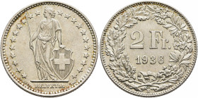 SWITZERLAND. Schweizerische Eidgenossenschaft (Swiss Confederation). 1848-present. 2 Franken 1936 B (Silver, 27 mm, 10.00 g, 6 h), Bern. Helvetia stan...