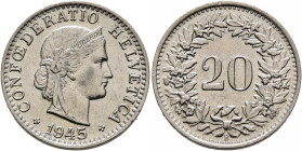 SWITZERLAND. Schweizerische Eidgenossenschaft (Swiss Confederation). 1848-present. 20 Rappen 1945 B (Nickel, 21 mm, 4.00 g, 12 h), Bern. CONFOEDERATIO...