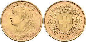 SWITZERLAND. Schweizerische Eidgenossenschaft (Swiss Confederation). 1848-present. 20 Franken 1947 B (Gold, 21 mm, 6.48 g, 6 h), Bern. HELVETIA Bust o...