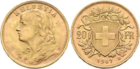 SWITZERLAND. Schweizerische Eidgenossenschaft (Swiss Confederation). 1848-present. 20 Franken 1947 B (Gold, 21 mm, 6.49 g, 6 h), Bern. HELVETIA Bust o...