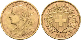 SWITZERLAND. Schweizerische Eidgenossenschaft (Swiss Confederation). 1848-present. 20 Franken 1949 B (Gold, 21 mm, 6.49 g, 6 h), Bern. HELVETIA Bust o...
