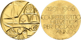 SWITZERLAND. Schweizerische Eidgenossenschaft (Swiss Confederation). Medal 1966 (Gold, 20 mm, 5.79 g, 6 h), on the 675-years-jubilee of the Swiss fede...