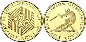 SWITZERLAND. Schweizerische Eidgenossenschaft (Swiss Confederation). Medal 1974 (Gold, 33 mm, 20.00 g, 12 h), ski world championships in St. Moritz. A...