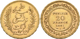 TUNISIA, Husaynid Beys. 'Ali III, AH 1299-1320 / AD 1882-1902. 20 Francs 1897 (Gold, 21 mm, 6.44 g, 6 h), Paris. KM 227. Some nicks, otherwise, good v...