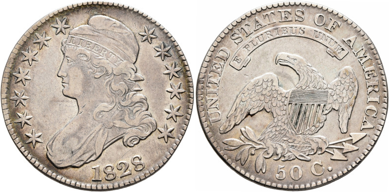 UNITED STATES. Federal Issues. Bust Half Dollar 1828 (Silver, 32 mm, 13.31 g, 6 ...