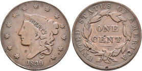 UNITED STATES. Federal Issues. Cent 1839 (recut from 1836) (Bronze, 26 mm, 9.52 g, 6 h), Coronet head type. Liberty head left, 1839 (over 1836) below....