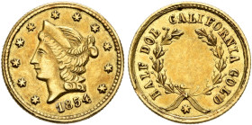 UNITED STATES. California Fractional Gold. Liberty Head Round Half Dollar 1854 (Gold, 11 mm, 0.49 g, 7 h), empty wreath design. Diademed head of Liber...