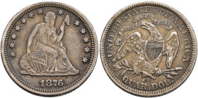 UNITED STATES. Federal Issues. Seated Liberty Quarter 1876 (Silver, 24 mm, 6.24 g, 6 h), Carson City. Liberty seated to right with her head turned bac...