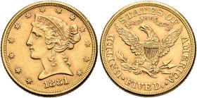 UNITED STATES. Federal Issues. 5 Dollars 1881 (Gold, 21 mm, 8.35 g, 6 h), Coronet Head type. Liberty head left, 1881 below. Rev. UNITED STATES OF AMER...