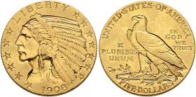 UNITED STATES. Federal Issues. 5 Dollars 1908 (Gold, 21 mm, 8.36 g, 6 h), Indian Head. LIBERTY / 1908 Indian head to left. Rev. UNITED STATES OF AMERI...