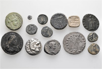A lot containing 14 bronze coins. Including: Greek, Roman Provincial and Roman Imperial, and a tooled denarius of Mark Antony and Cleopatra. Fine to v...