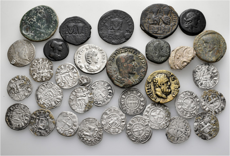 A lot containing 32 silver and bronze coins and 1 lead seal. Including: Greek, R...