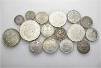 A lot containing 16 mainly silver coins (129 g). Including: Romania and Serbia. About very fine to extremely fine. LOT SOLD AS IS, NO RETURNS. 16 coin...