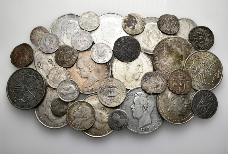 A lot containing 34 mainly silver coins (329 g). Mainly: Spain. Fine to good ver...