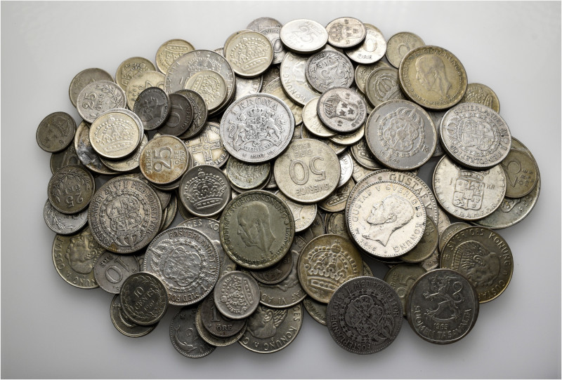 A lot containing 134 mainly silver coins (457 g). Mainly: Sweden. Very fine to e...