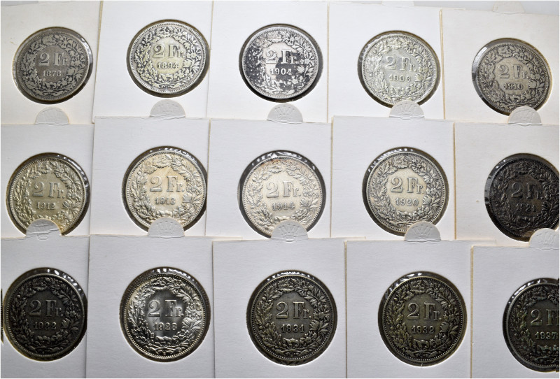 A lot containing 57 silver and copper-nickel coins. All: 2 Fr. Switzerland of 18...