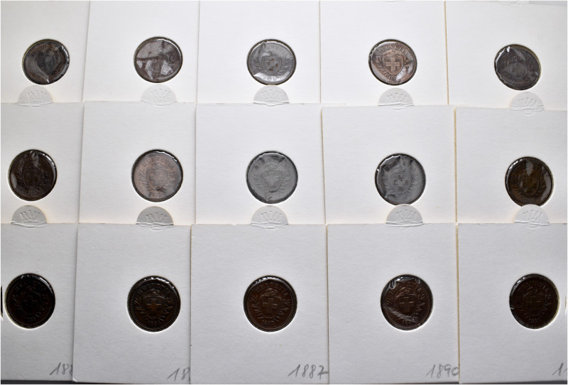 A lot containing 93 copper coins. All: 1 Rp. Switzerland of 1851, 1856, 1857, 18...