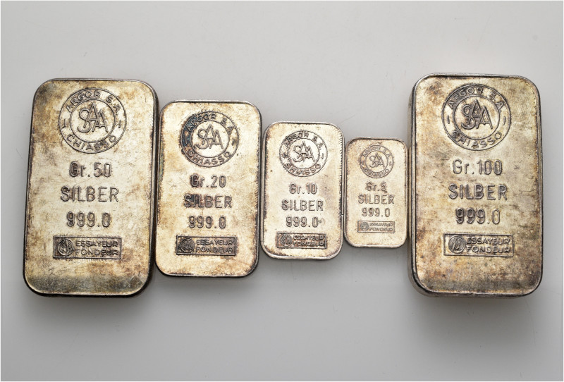 A lot containing 5 silver bars (185 g). All: Switzerland. Argor S.A., Chiasso. G...