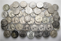 A lot containing 52 silver and copper-nickel coins (311 g). All: United States of America 1/4 dollars. Fine to good very fine. LOT SOLD AS IS, NO RETU...