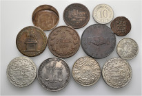 A lot containing 12 silver and bronze coins. Including: Finland, India, Iraq, Mombasa, Oman, Poland, Serbia, Sierra Leone, Turkey. About very fine to ...