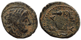 SELEUKID KINGS of SYRIA. Antiochos I Soter, 281-261 BC. Ae, (bronze, 1.22 g, 13 mm), Antioch. Laureate head of Apollo right. Rev. BA AN Omphalos; bow ...