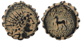 SELEUKID KINGS of SYRIA. Antiochos VI Dionysos. 144-142 BC. Ae Serrate (bronze, 2.62 g, 16 mm). Ptolemaïs (Ake) mint(?). Radiate and diademed head rig...