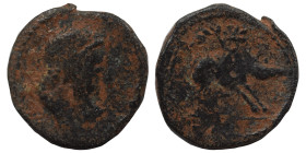 GREEK. Uncertain mint, possibly Mesopotamia. Ae (bronze, 0.50 g, 11 mm). Bearded bust to right. Rev. Horse (?) to right. Very fine.