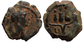 EGYPT. Alexandria. Trajan. 98-117. Dichalkon (bronze, 1.82 g, 14 mm). Laureate head right. Rev. Hem-hem crown of Harpokrates; LI-Z (date) across field...
