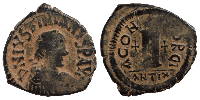 Justinian I, 527-565. Decanummium (bronze, 4.15 g, 22 mm), Antioch. D N IVSTINIA...